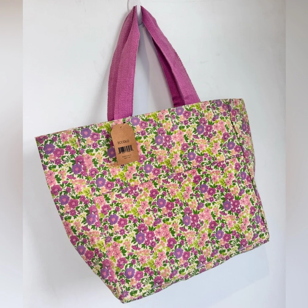 NWT Eccolo Floral Canvas Tote in Pink and Purple 14.25”W x 13.5”H x 6”D